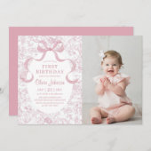 ピンクボウフローラChinoiserieトイレ誕生日写真 招待状 (正面/裏面)