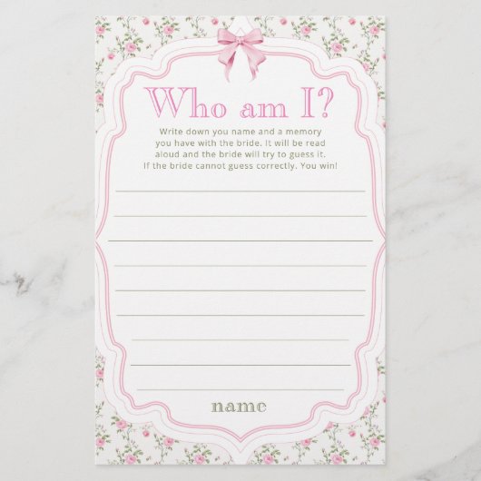 ピンクボウフローラWho Am Iブライダルシャワーゲームカード (正面)