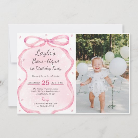 ピンクボウブティック1st誕生日パーティー写真 招待状 (正面)