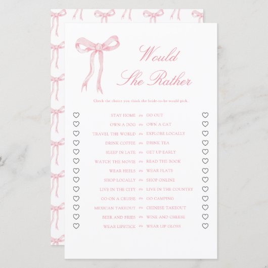 ピンクボウブライダルシャワーは彼女はむしろゲームだろう (正面/裏面)