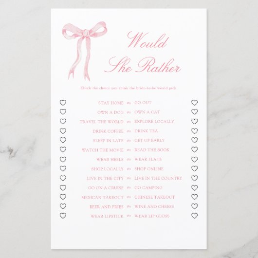 ピンクボウブライダルシャワーは彼女はむしろゲームだろう (正面)