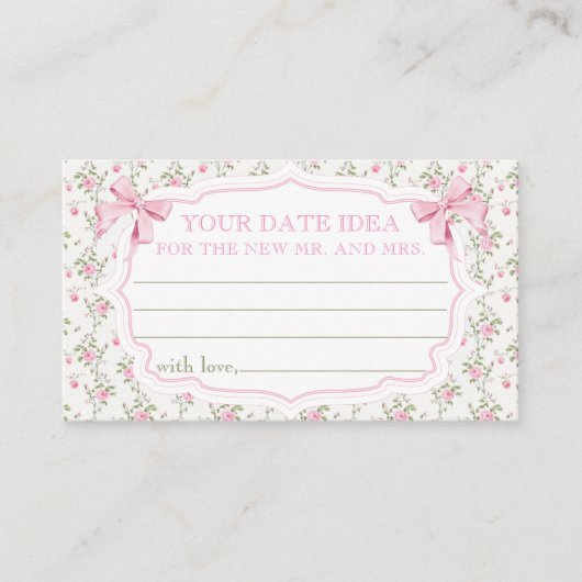 ピンクボウブライダルシャワーデイトナイトアイディア エンクロージャーカード (正面)