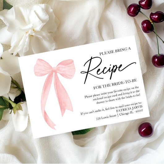 ピンクボウブライダルシャワーレシピ要求エンクロージャ 招待状