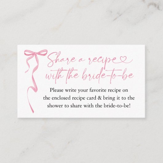 ピンクボウブライダルシャワーレシピ要求 エンクロージャーカード (正面)