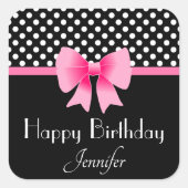 ピンクボウブラックアンドホワイト水玉模様誕生日 スクエアシール (正面)