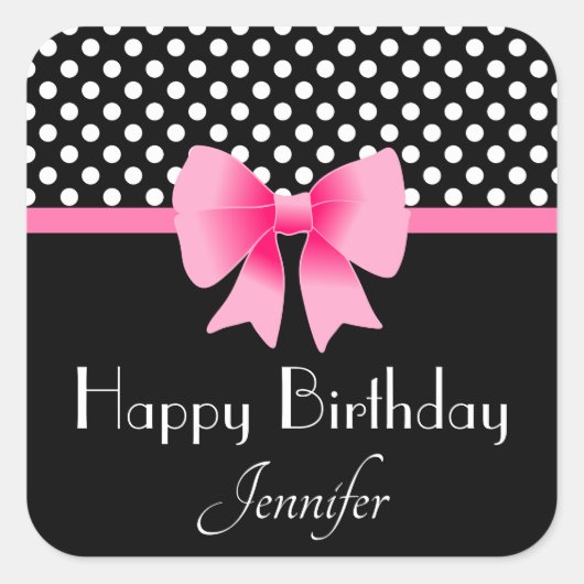 ピンクボウブラックアンドホワイト水玉模様誕生日 スクエアシール (正面)