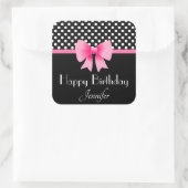 ピンクボウブラックアンドホワイト水玉模様誕生日 スクエアシール (バッグ)