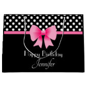 ピンクボウブラックアンドホワイト水玉模様誕生日 ラージペーパーバッグ (正面)