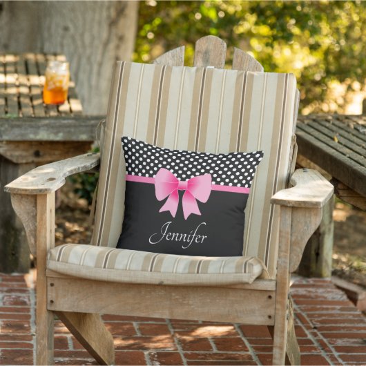 ピンクボウブラック&ホワイト水玉模様パターン名 アウトドアクッション (椅子)