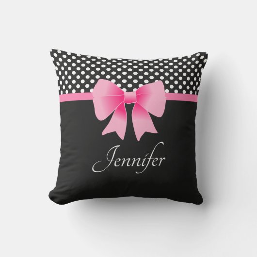 ピンクボウブラック&ホワイト水玉模様パターン名 アウトドアクッション (正面)