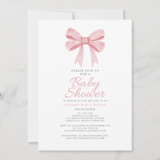 ピンクボウベイビーシャワーコケガーリーットギンガムチェック 招待状 (正面)