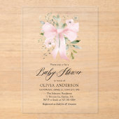 ピンクボウベビーイン開花フローラガールベビーシャワー アクリル招待状 (正面)