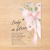 ピンクボウベビーイン開花フローラガールベビーシャワー アクリル招待状 (正面)