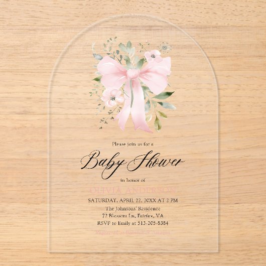 ピンクボウベビーイン開花フローラガールベビーシャワー アクリル招待状 (正面)