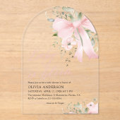 ピンクボウベビーイン開花フローラガールベビーシャワー アクリル招待状 (正面)