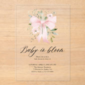 ピンクボウベビーイン開花フローラガールベビーシャワー アクリル招待状 (正面)
