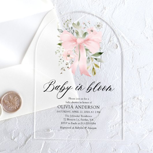 ピンクボウベビーイン開花フローラガールベビーシャワー アクリル招待状