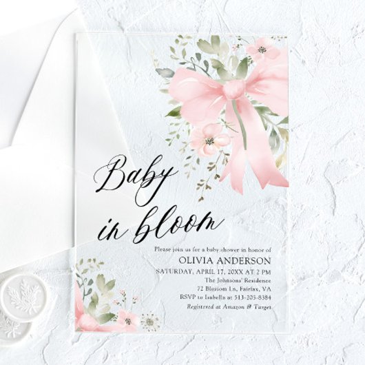 ピンクボウベビーイン開花フローラガールベビーシャワー アクリル招待状