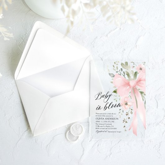 ピンクボウベビーイン開花フローラガールベビーシャワー アクリル招待状
