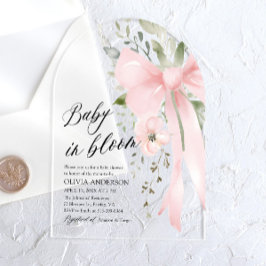 ピンクボウベビーイン開花フローラガールベビーシャワー アクリル招待状