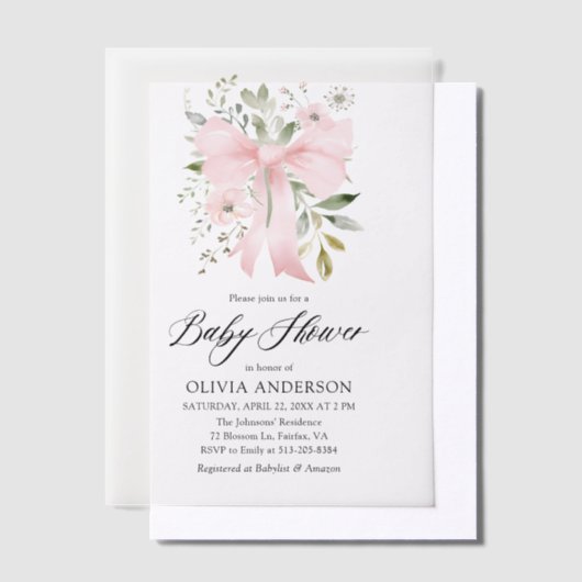 ピンクボウベビーイン開花フローラガールベビーシャワー ベラム紙招待状 (オフセット)