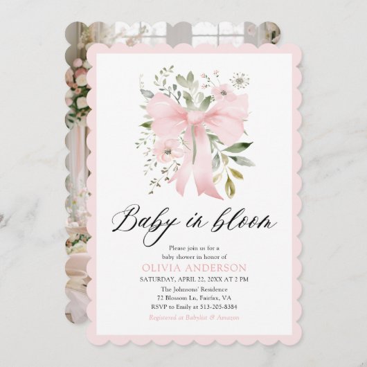 ピンクボウベビーイン開花フローラガールベビーシャワー 招待状 (正面/裏面)
