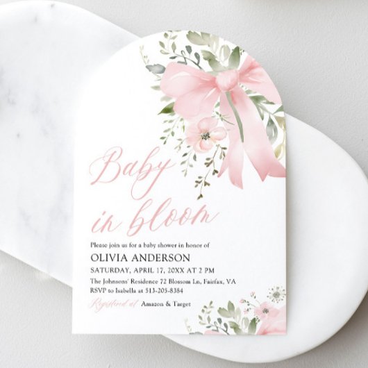 ピンクボウベビーイン開花フローラガールベビーシャワー 招待状