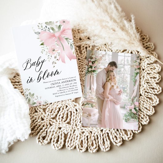 ピンクボウベビーイン開花フローラガールベビーシャワー 招待状