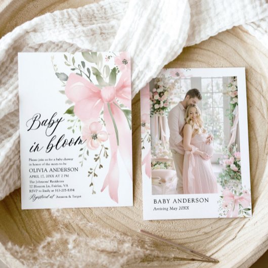 ピンクボウベビーイン開花フローラガールベビーシャワー 招待状