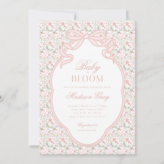 ピンクボウベビーイン開花ベビーシャワー招待状 招待状 (正面)