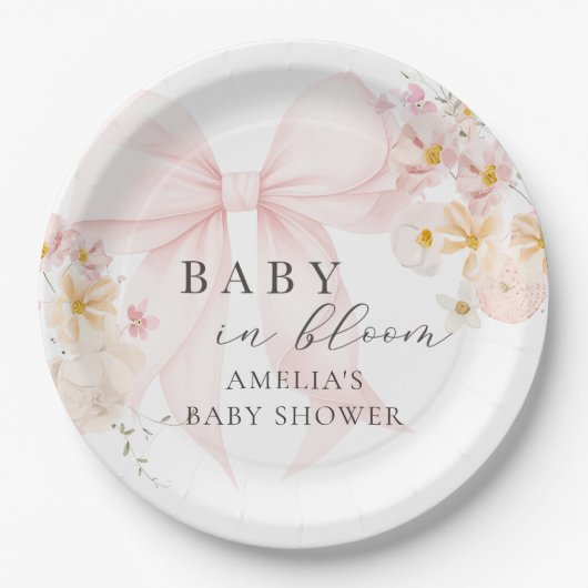 ピンクボウベビーイン開花ベビーシャワー ペーパープレート (正面)