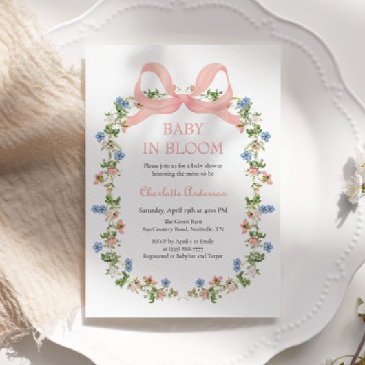ピンクボウベビーイン開花ベビーシャワー 招待状