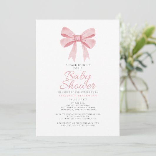 ピンクボウベビーシャワーコケガーリーットパエレガントステル 招待状 (スタンド正面)