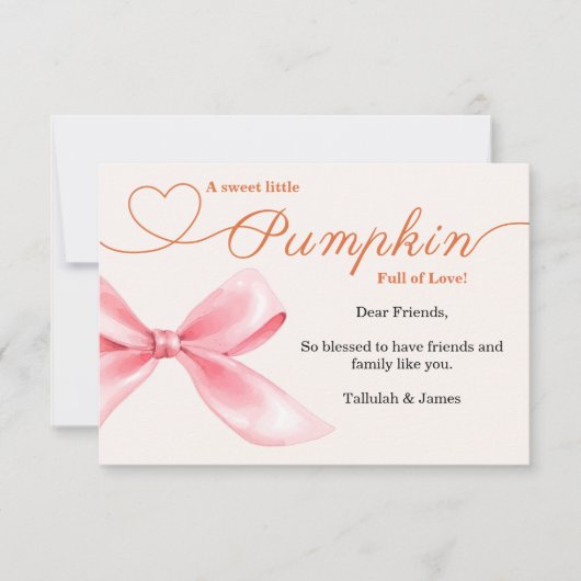 ピンクボウベビーシャワーサンキューカード | 女エレガントの子 サンキューカード (正面)