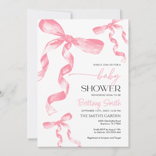 ピンクボウベビーシャワー招待状 招待状 (正面)