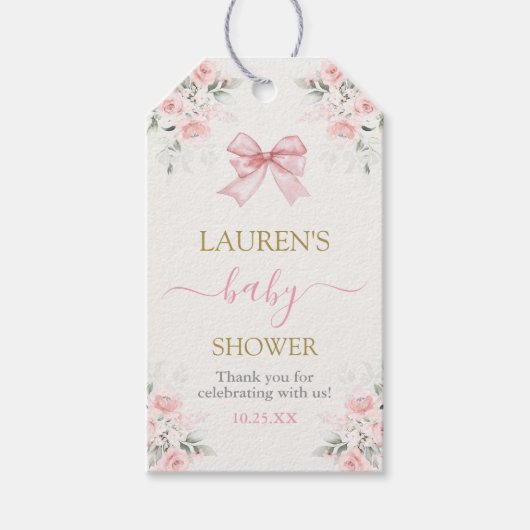 ピンクボウベビーベイビーシャワーガールギフトラベル ギフトタグ (正面)