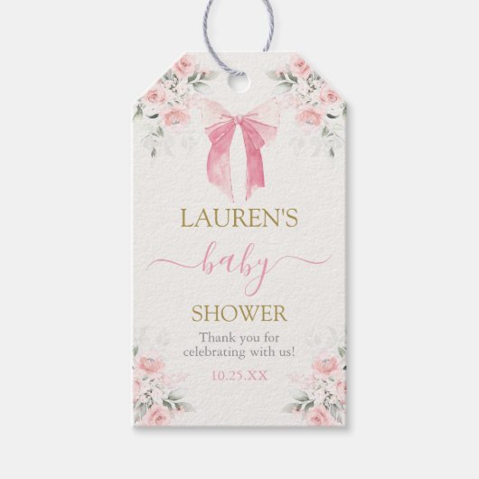 ピンクボウベビーベイビーシャワーガールギフトラベル ギフトタグ (正面)