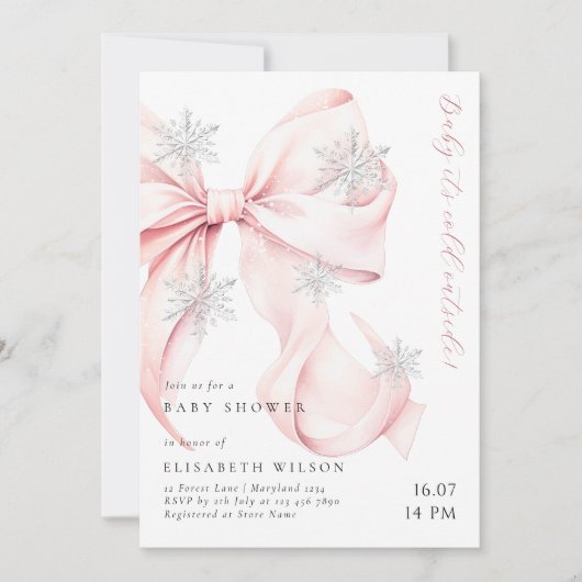 ピンクボウベビーベビーシャワー外は寒い 招待状 (正面)