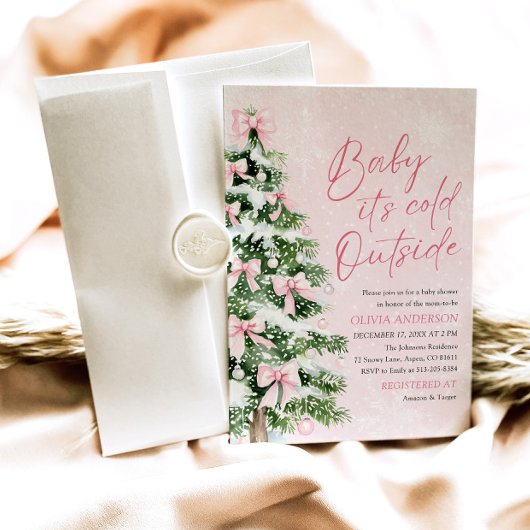 ピンクボウベビーベビーシャワー外は寒い 招待状