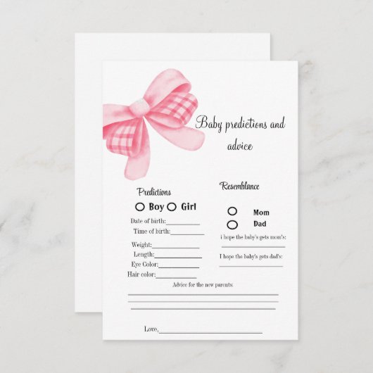 ピンクボウベビー予測赤ちゃんシャワーゲームカード 招待状 (正面/裏面)