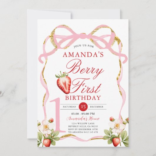 ピンクボウベリーファーストストロベリースウィート誕生日 招待状 (正面)