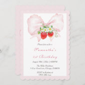 ピンクボウベリーファースト誕生日招待状テンプレート 招待状 (正面/裏面)