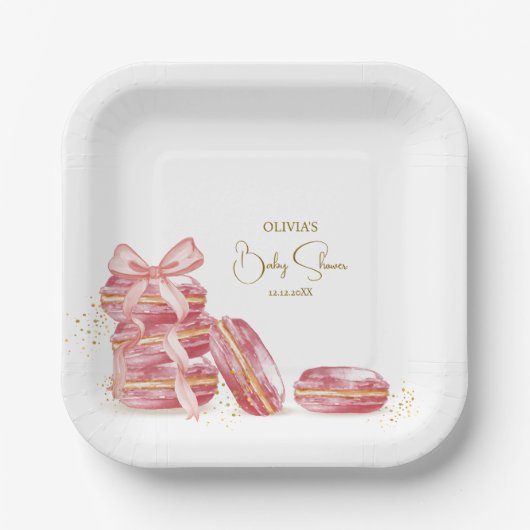 ピンクボウボンジュールベベフランスのーマカロンベビーシャワー ペーパープレート (正面)