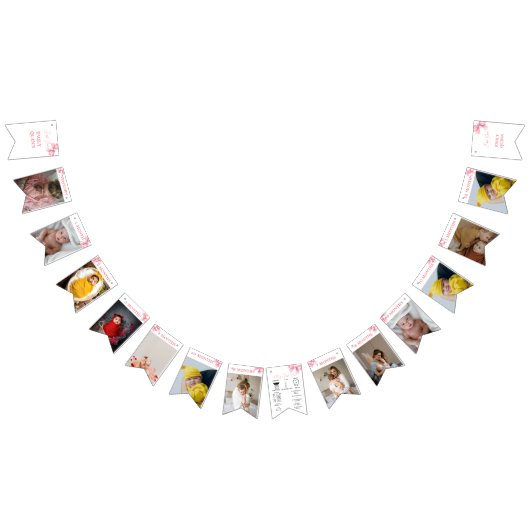 ピンクボウマイルストーンバナー， 12か月，誕生日 バンティングフラッグ (全)