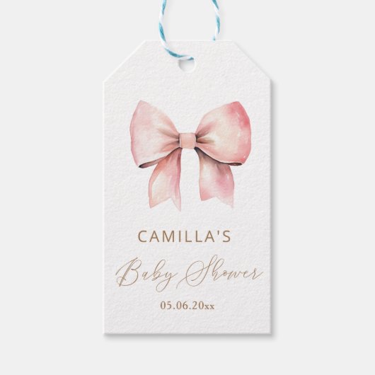 ピンクボウミニマリストガールベビーシャワー ギフトタグ (正面)