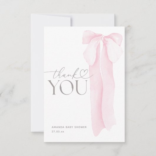 ピンクボウミニマリストガールベビーシャワー サンキューカード (正面)