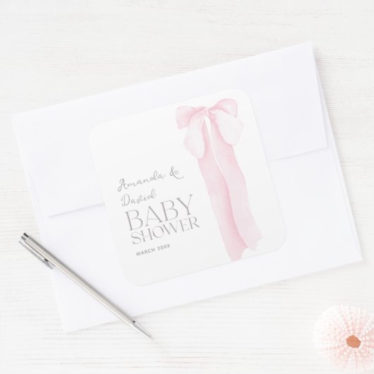 ピンクボウミニマリストガールベビーシャワー スクエアシール (封筒)