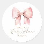 ピンクボウミニマリストガールベビーシャワー ラウンドシール (正面)