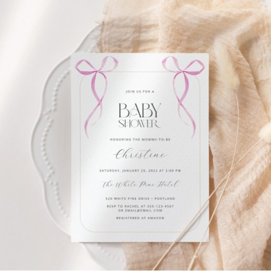 ピンクボウミニマリストガールベビーシャワー 招待状