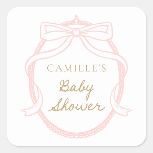 ピンクボウミニマルガール赤ちゃんシャワー スクエアシール (正面)